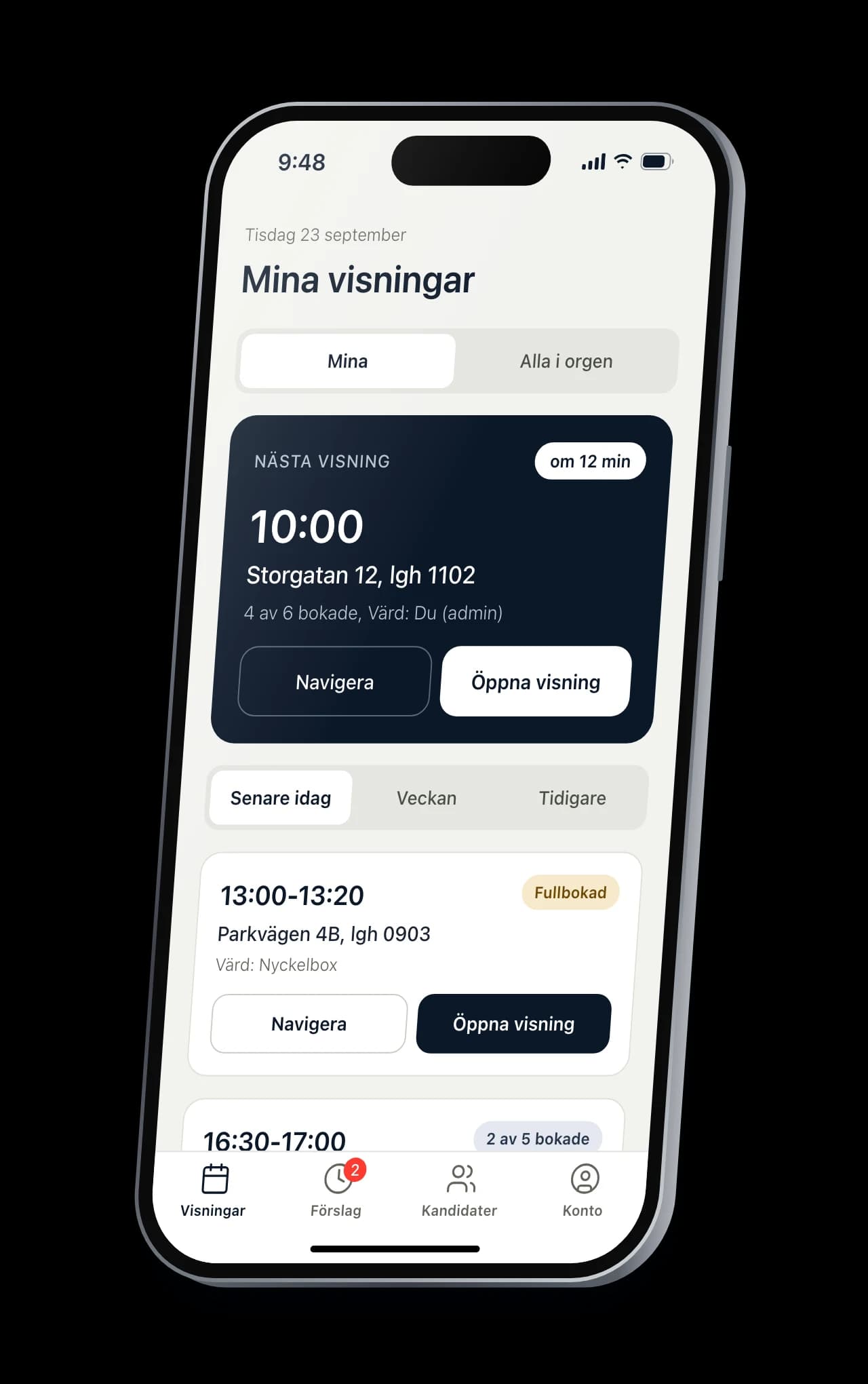 Högres mobilapp på en iPhone: Mina visningar med nästa visning om 12 minuter och resten av dagens visningar.