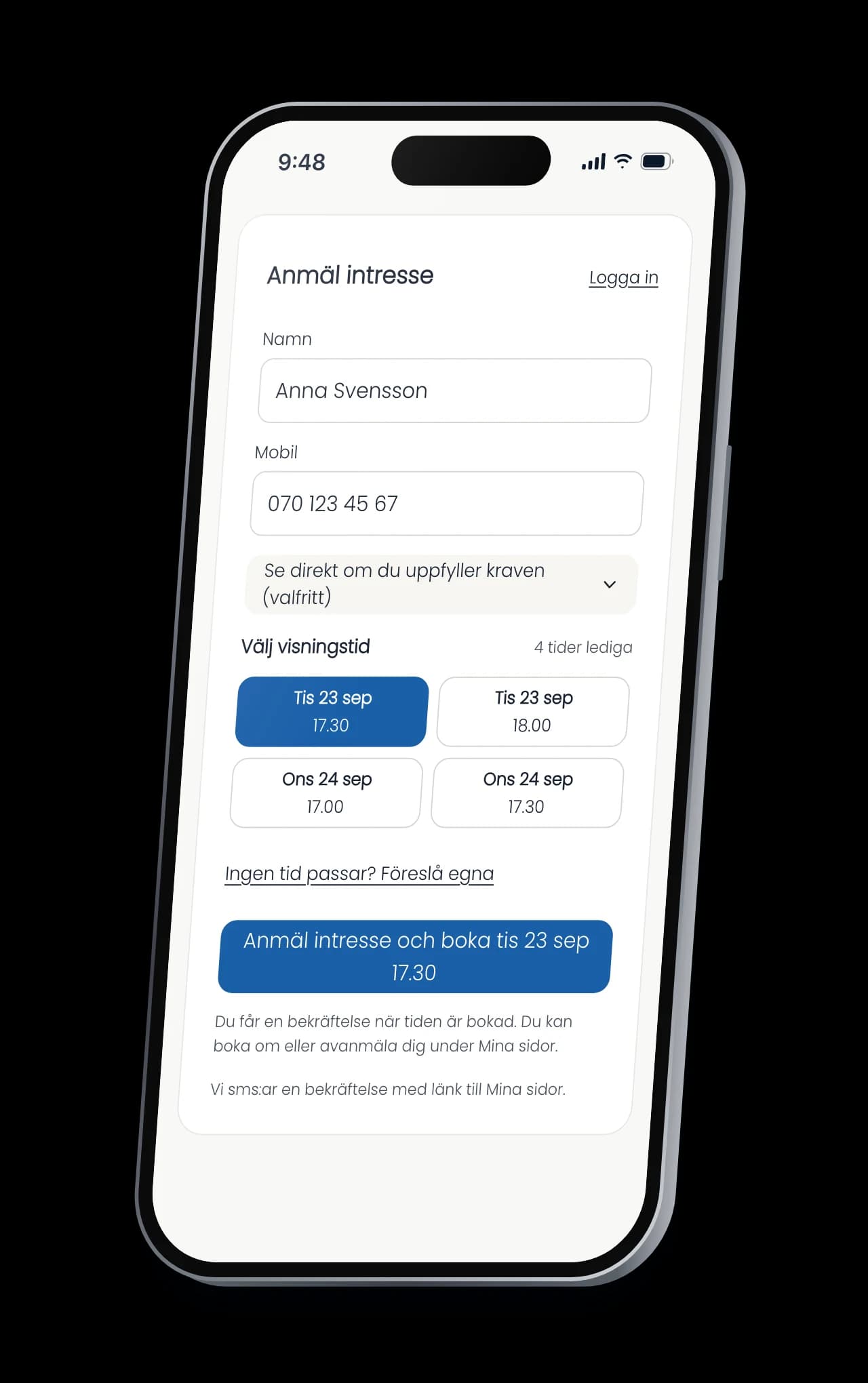 Högre för den sökande på en iPhone: Anmäl intresse på objektsidan med namn, mobil och en visningstid, och knappen Anmäl intresse och boka.