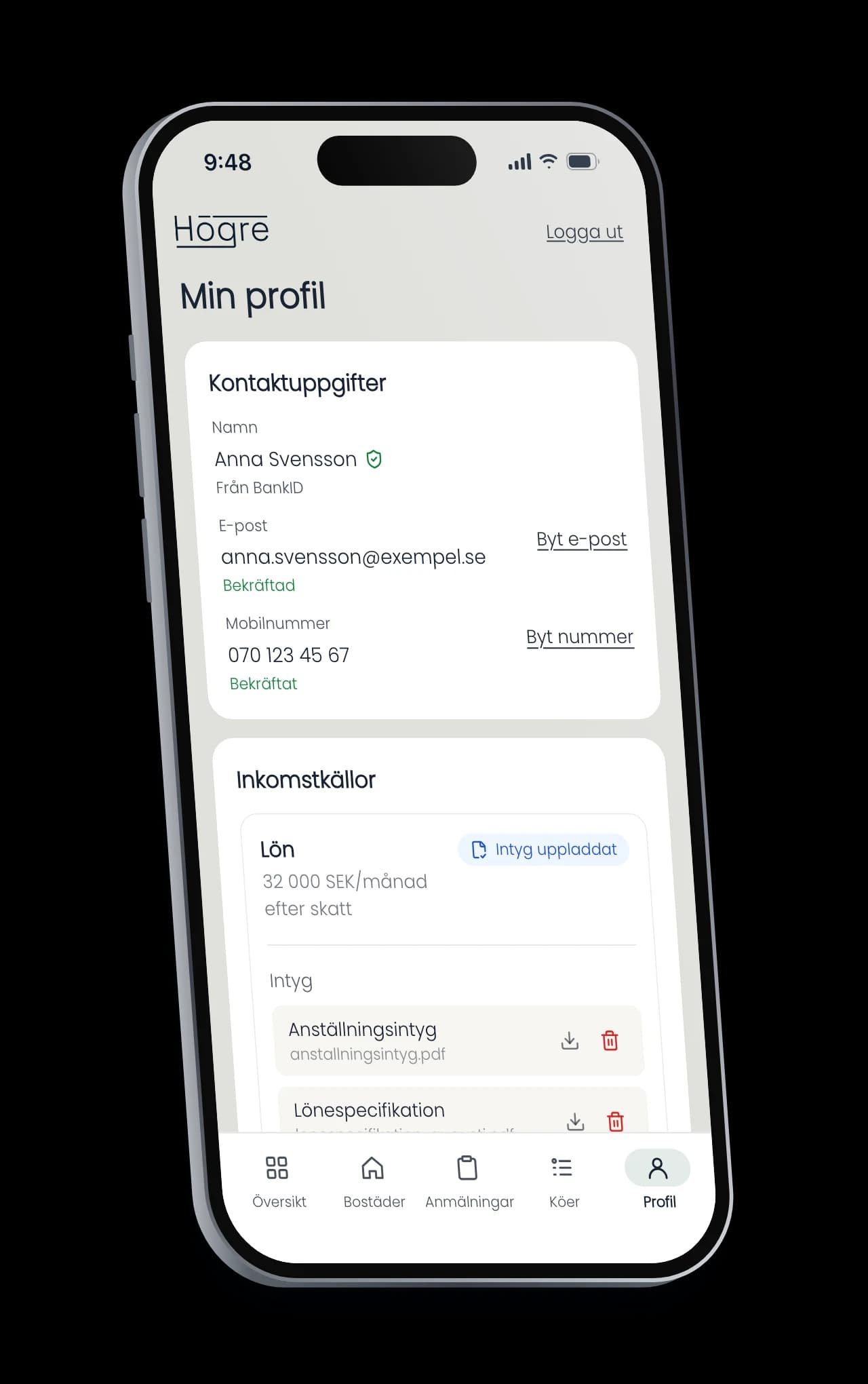Högre för den sökande på en iPhone: Profilen på Mina sidor med kontaktuppgifter, inkomst och intyg.