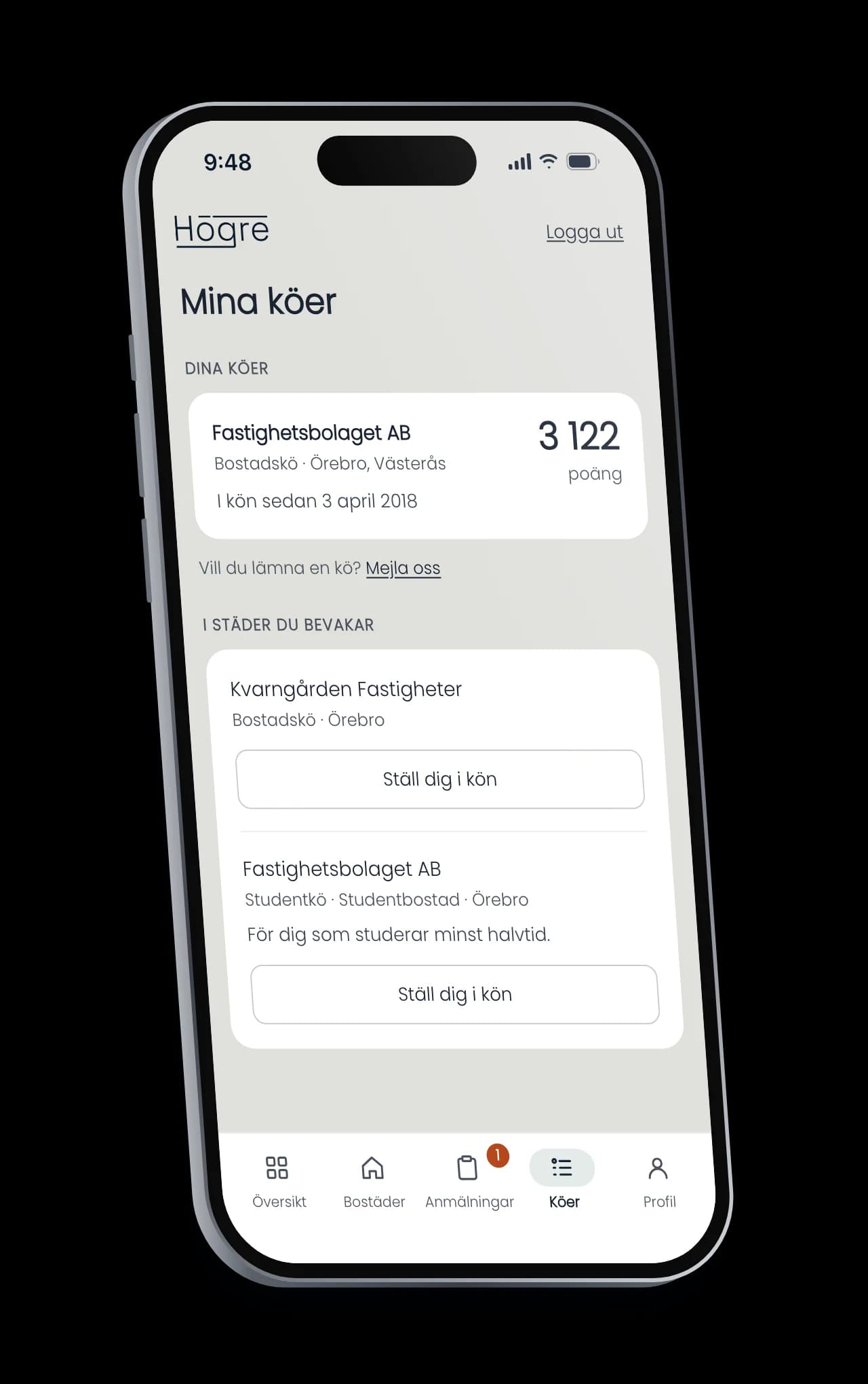 Högre för den sökande på en iPhone: Köerna på Mina sidor med poängen i bostadskön och köer att ställa sig i hos fler värdar.