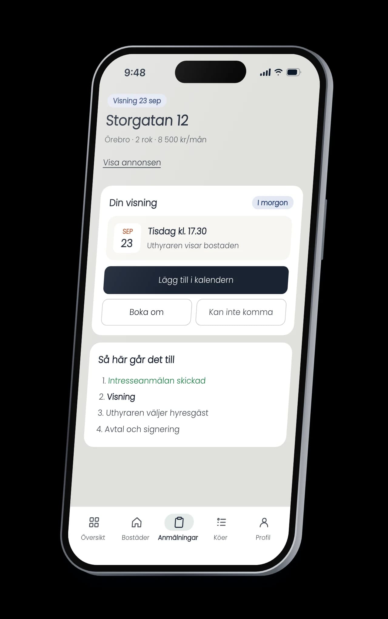 Högre för den sökande på en iPhone: En anmälan på Mina sidor med den bokade visningen och knapparna Lägg till i kalendern, Boka om och Kan inte komma.